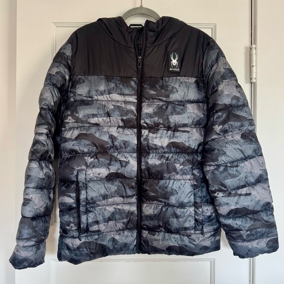 Spyder Other - Spyder Jacket Circuit Block Men's Medium Black Camo Insulated Puffer Hooded EUC